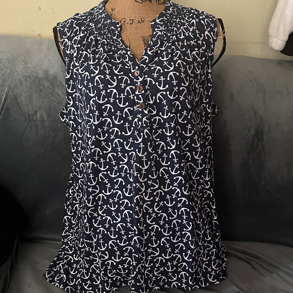 Caribbean Joe Navy Anchor Print Blouse
